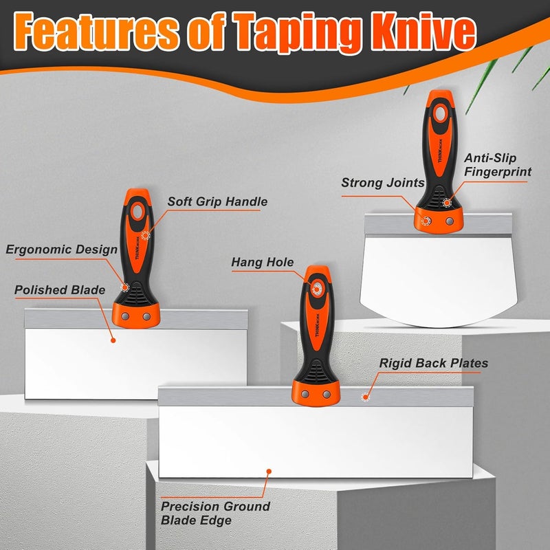 THINKWORK Drywall Knife Set, 10Pcs Drywall Tools Include Stainless Steel Putty Knife Set, Taping Knives, Painter Scraper, 14" Mud Pan and Scoop, Spackle Tool Kit for Joint Taping, Finishing, Patching - Image 3
